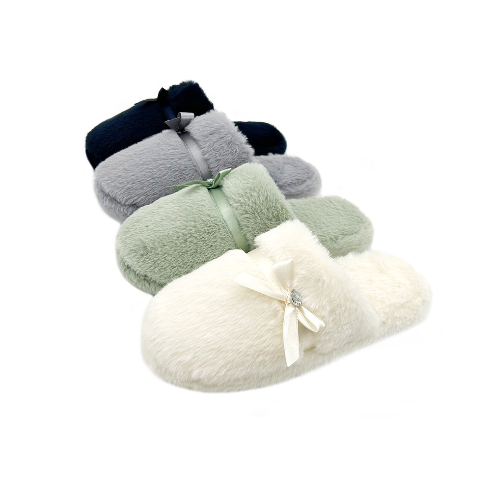 Wholesale High Quality Soft Faux Fur with Bow Fluffy Furry Closed Toe Decoration Ladies' Four Seasons Plush Home Slippers