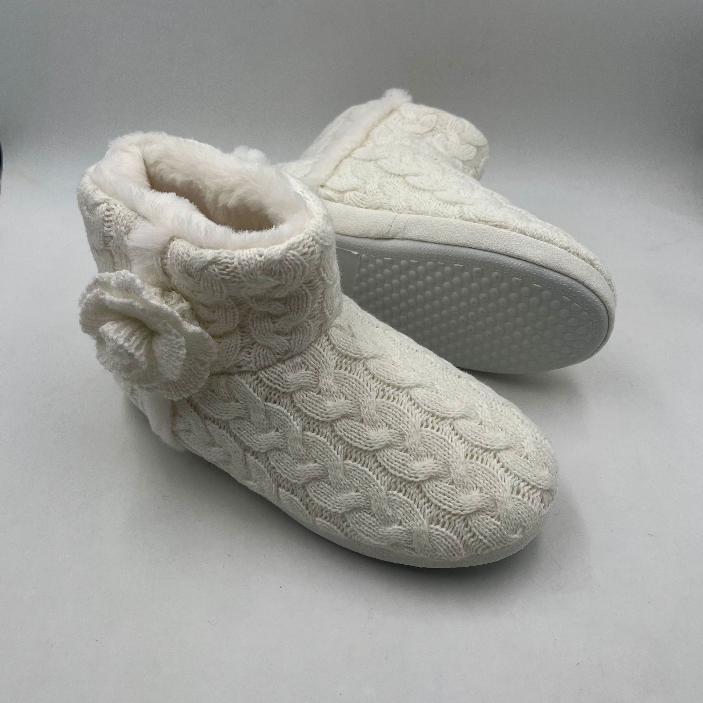 knitting flower decoration women home bedroom indoor boots with cable knit upper and warm fur lining