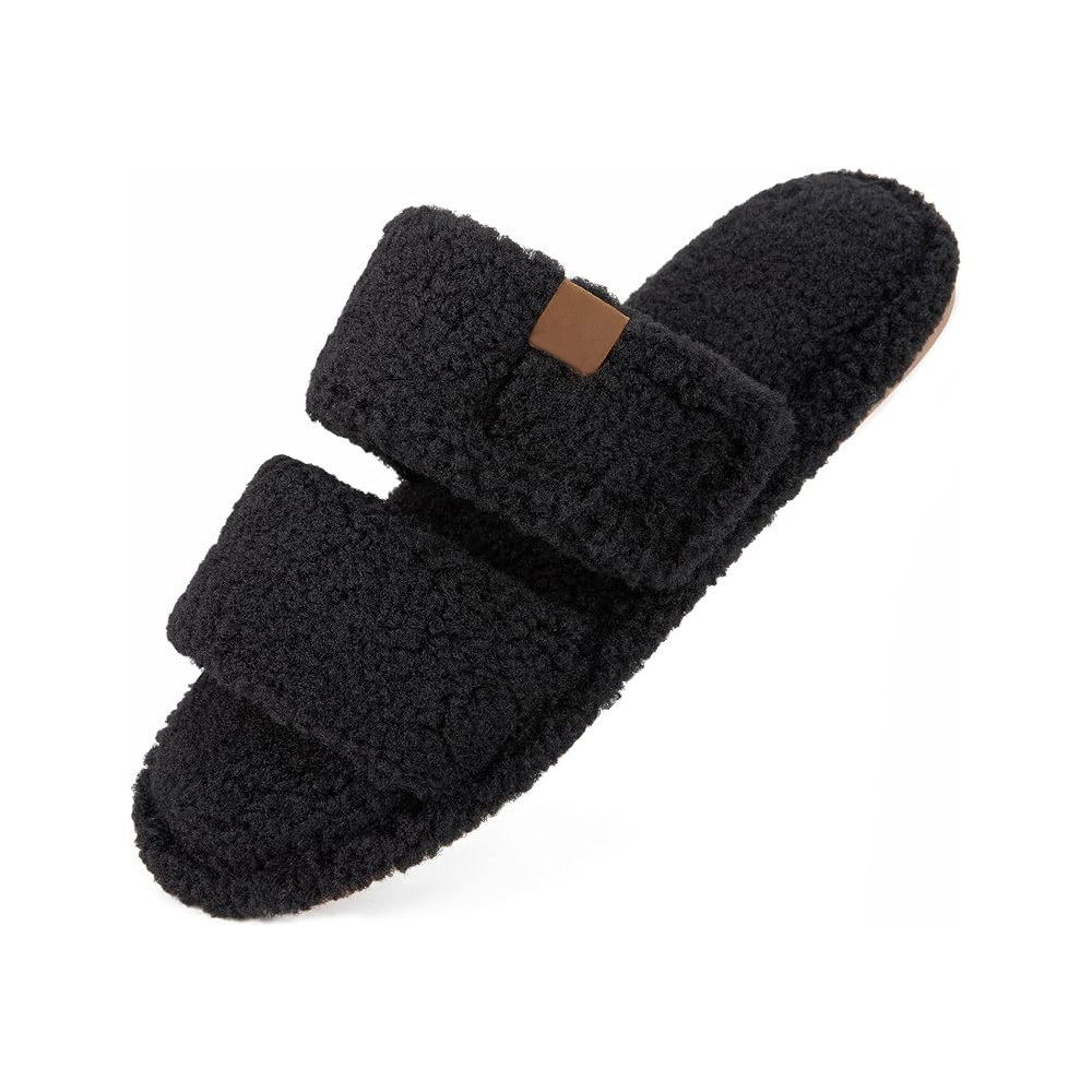 Washable Open Toe Slippers for Women Adjustable Memory Foam House Shoes Faux Fur Fuzzy Non Slip Slide Sandals Indoor Slippers