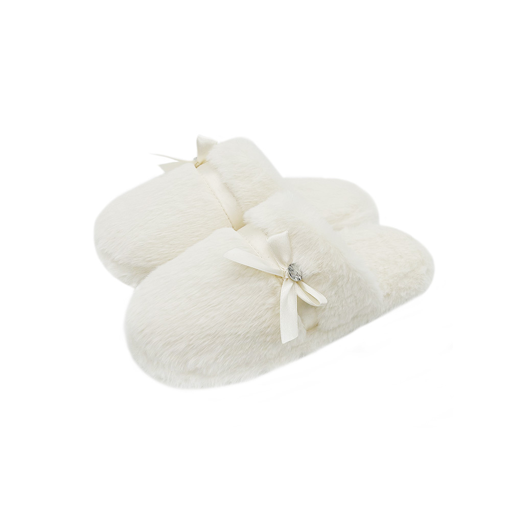 Wholesale High Quality Soft Faux Fur with Bow Fluffy Furry Closed Toe Decoration Ladies' Four Seasons Plush Home Slippers