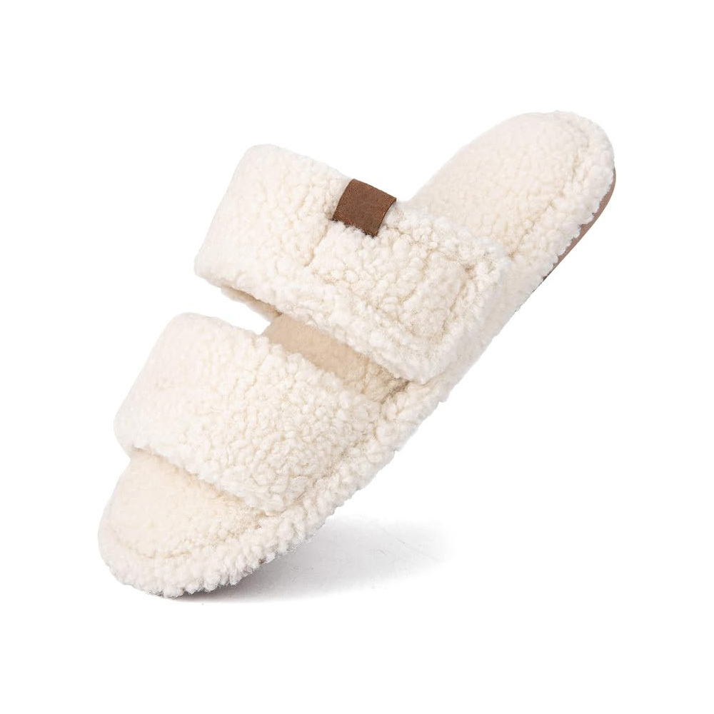 Washable Open Toe Slippers for Women Adjustable Memory Foam House Shoes Faux Fur Fuzzy Non Slip Slide Sandals Indoor Slippers