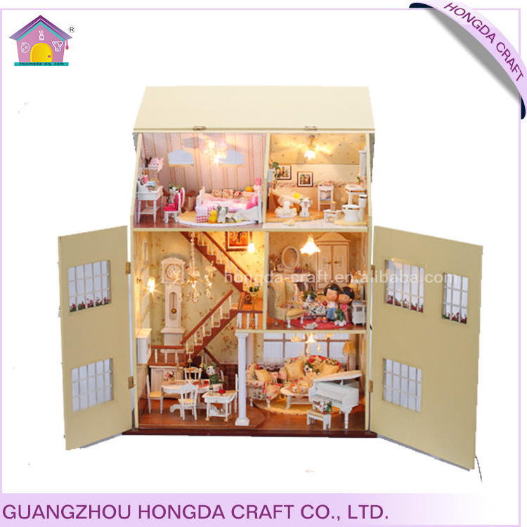 3 Floors Wooden Miniature Doll House Furniture Hands Craft Diy Dollhouse Diy Miniature Doll House Children With Led Light