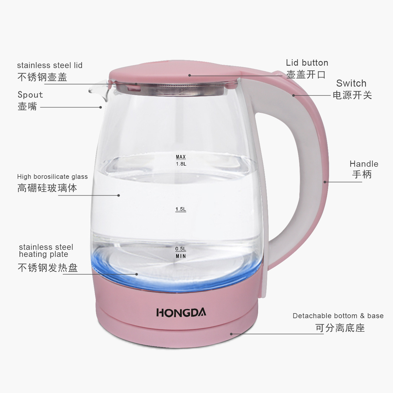 1.8L pink colored glass electric water kettle for household