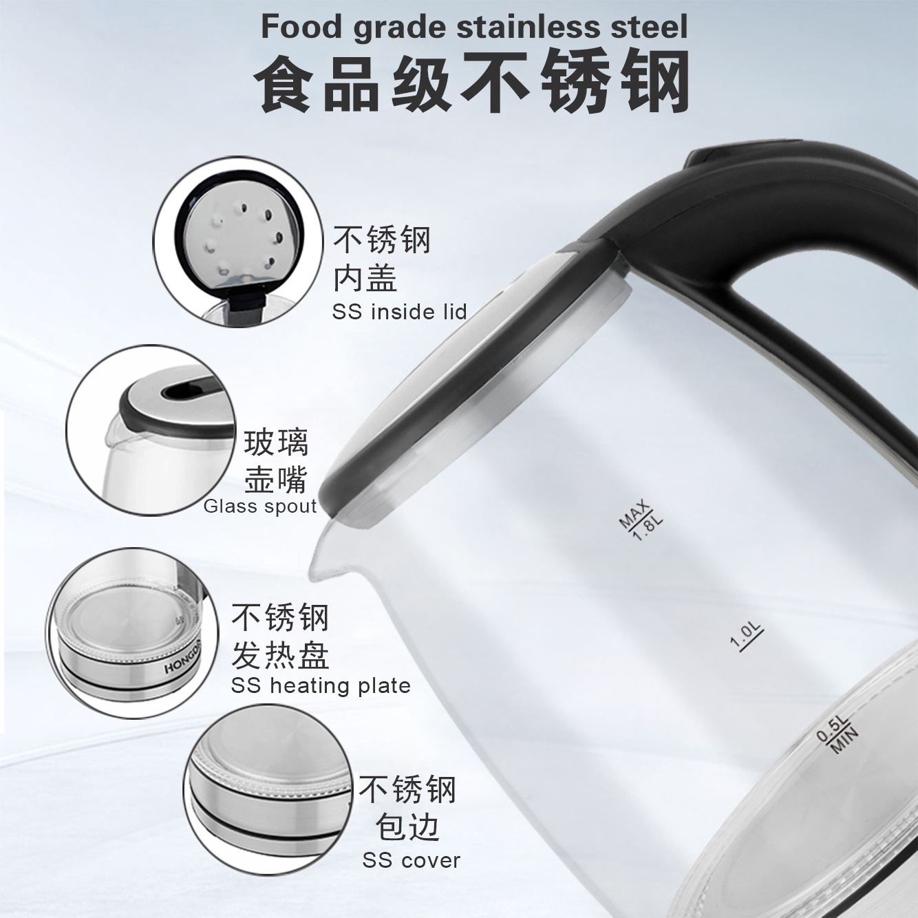 2.0L Electric Water Kettle with big capacity Glass body