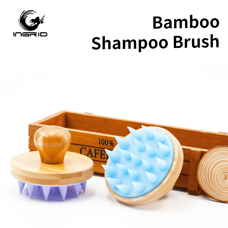 Best Selling silicone round detangling hair brush head scalp massager scrubber bamboo Handle shampoo brush