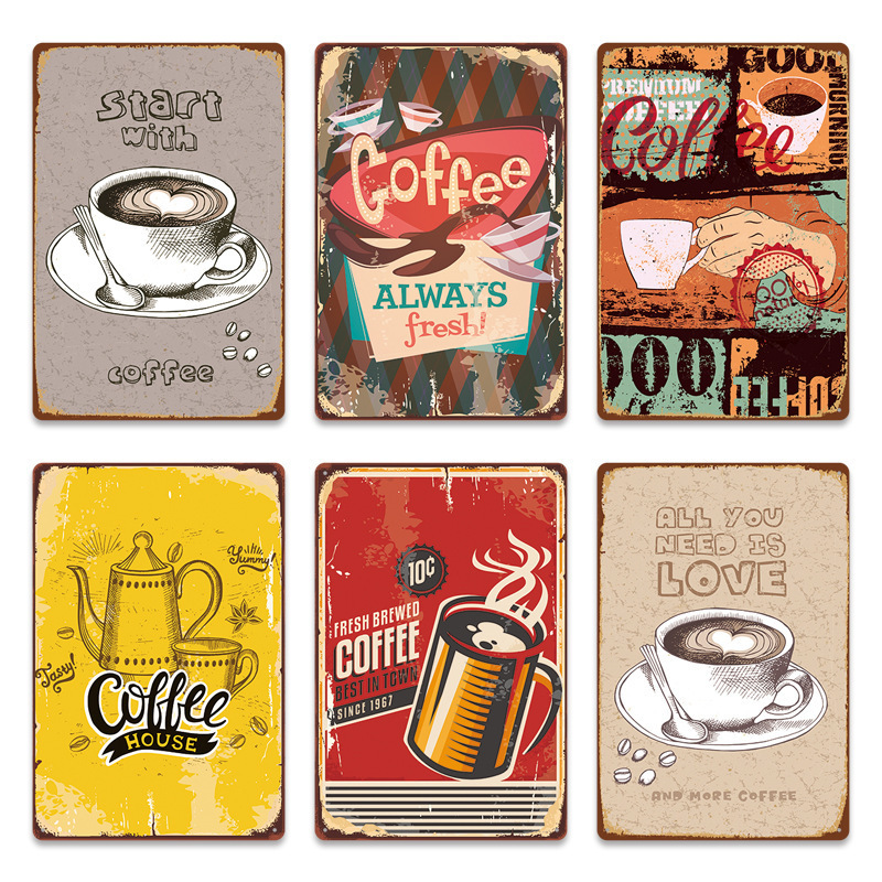 New coffee shop retro poster iron painting coffee shop background wall decoration frameless hanging painting