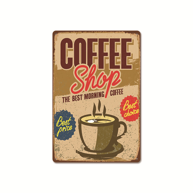 New coffee shop retro poster iron painting coffee shop background wall decoration frameless hanging painting