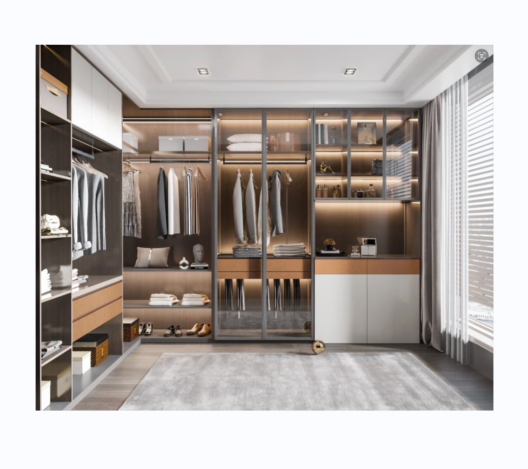 Wood Melamine Glass Door with LED Lights Bedroom Luxury Walk In Closet System Bedroom Wardrobe