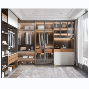 Wood Melamine Glass Door with LED Lights Bedroom Luxury Walk In Closet System Bedroom Wardrobe