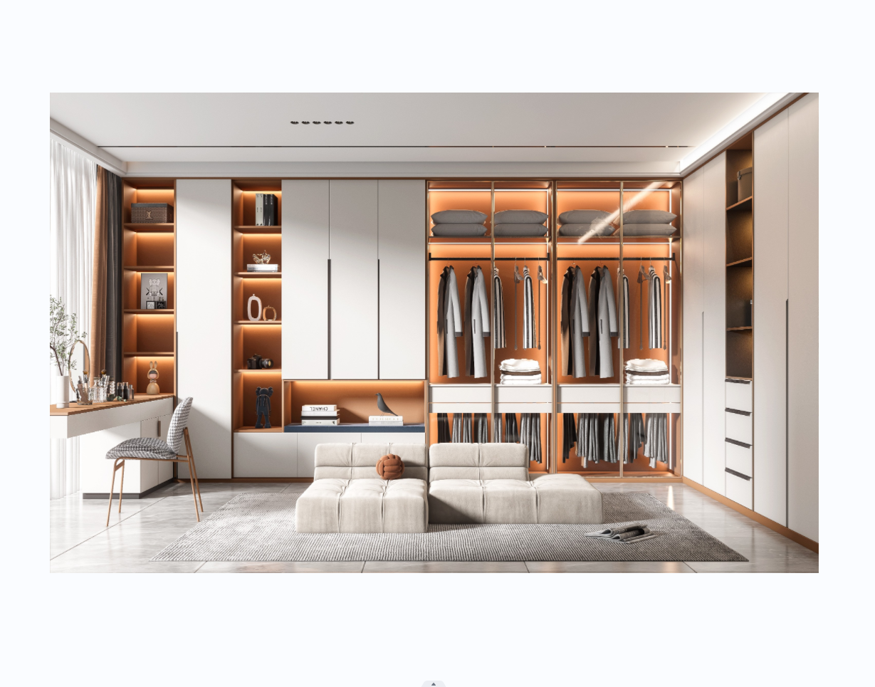 Wood Melamine Glass Door with LED Lights Bedroom Luxury Walk In Closet System Bedroom Wardrobe