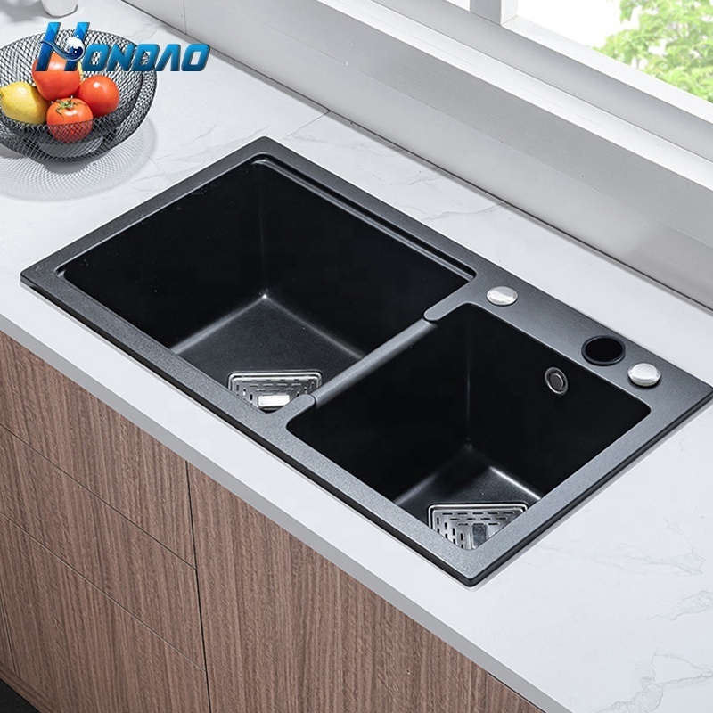 New Design Rectangular Black Double Bowl Artificial Stone Quartz Sinks for Kitchen