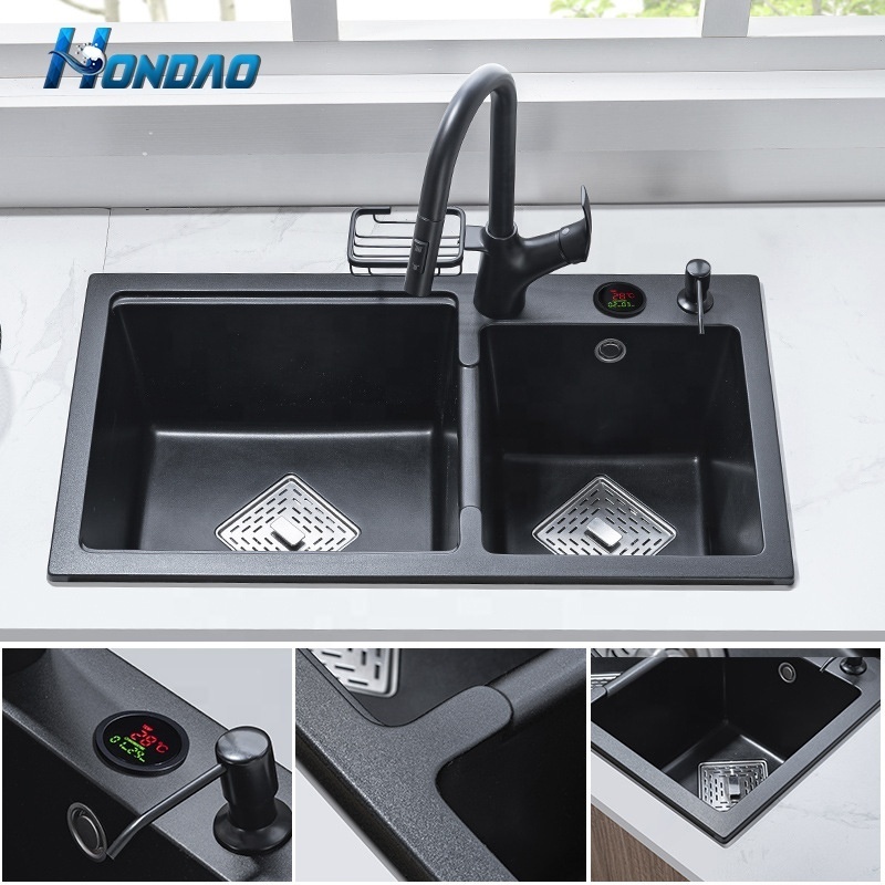 New Design Rectangular Black Double Bowl Artificial Stone Quartz Sinks for Kitchen