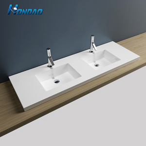 Rectangular Shape Above-counter Double Sinks Basin Cement White Color Counter Top Sink Solid Surface Stone Hand Washing Basin