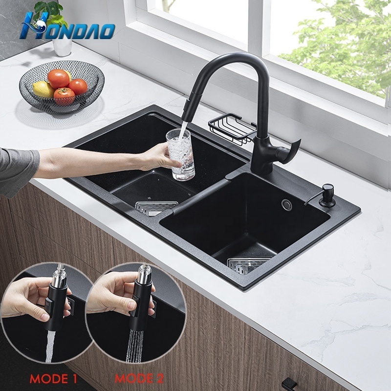 New Design Rectangular Black Double Bowl Artificial Stone Quartz Sinks for Kitchen