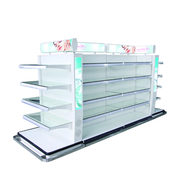 Customized prateleiras LED glass gondola supermarket cosmetic display stand estante shelf