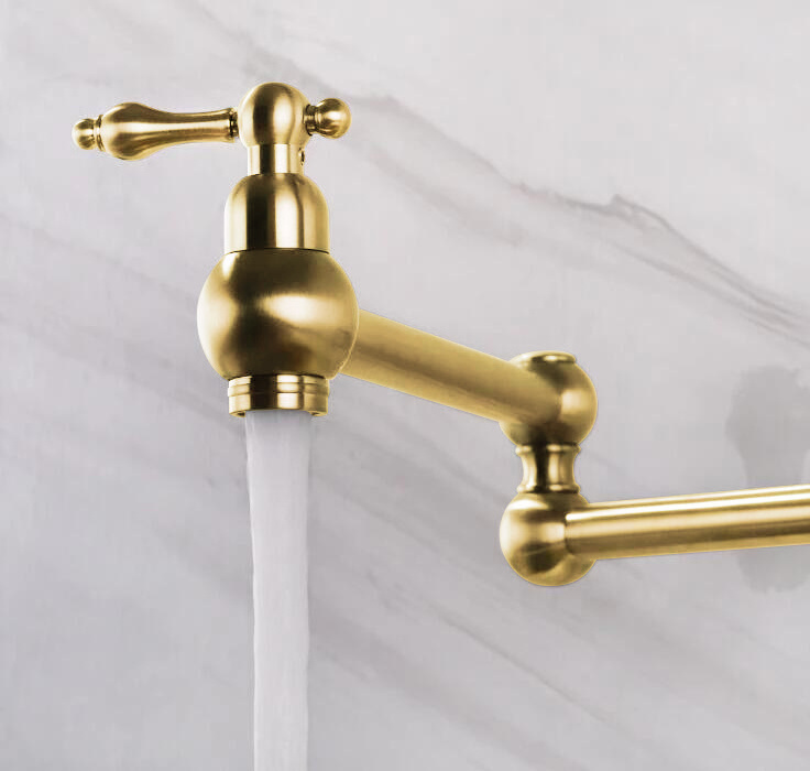 Europe Classic Wall Mounted Brass Folding Pot Filler Kitchen Faucet Brushed Gold Stretchable Double Joint Swing Faucet  Arm