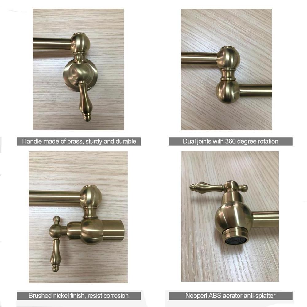 Europe Classic Wall Mounted Brass Folding Pot Filler Kitchen Faucet Brushed Gold Stretchable Double Joint Swing Faucet  Arm