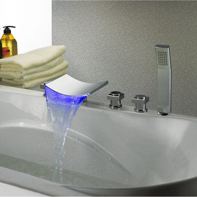 Bthroom 5pcs LED Light Waterfall Spout Bathtub Faucet with Hand Shower