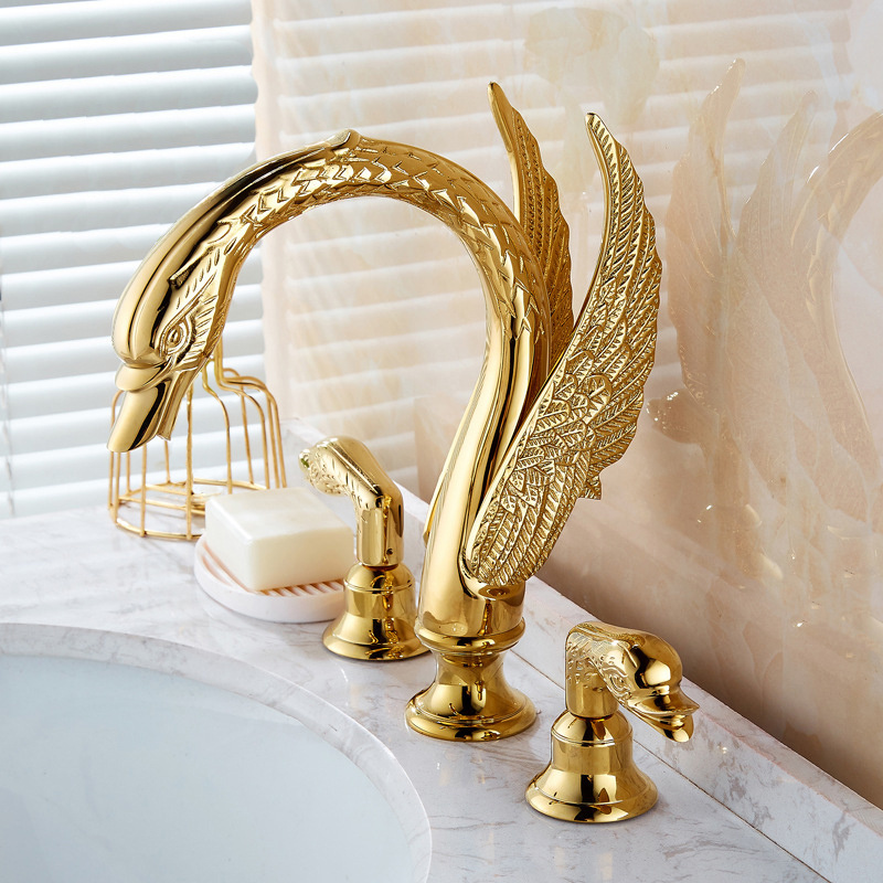 Gold Bathroom Faucet Widespread Swan Spout Vanity Faucet Basin 3 Holes 2 Knobs Mixer Tap Commercial