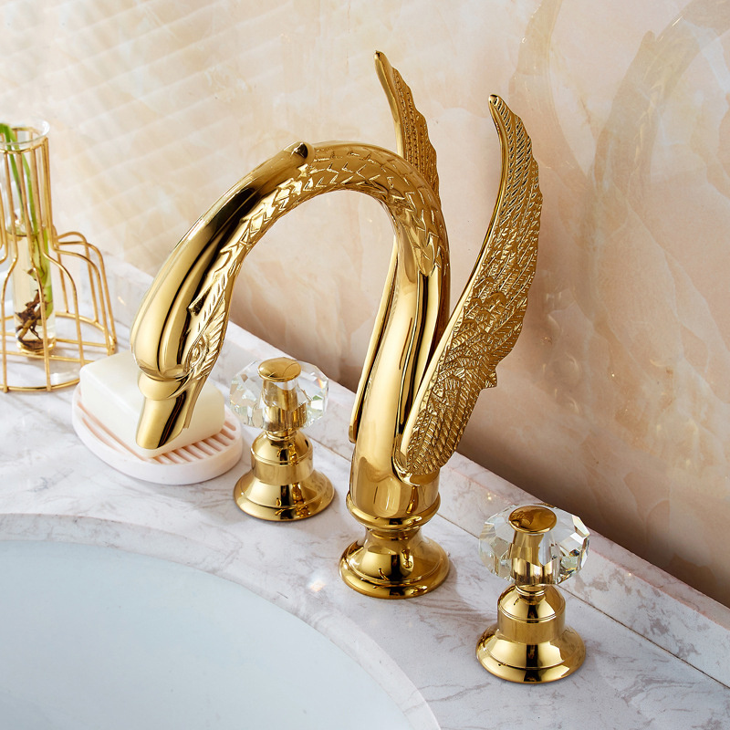 Gold Bathroom Faucet Widespread Swan Spout Vanity Faucet Basin 3 Holes 2 Knobs Mixer Tap Commercial