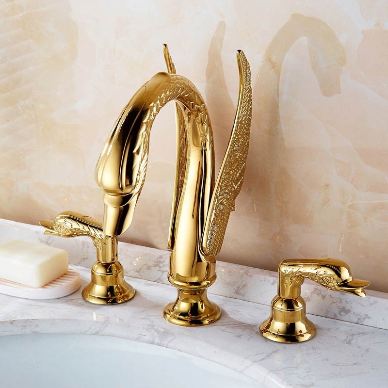 Gold Bathroom Faucet Widespread Swan Spout Vanity Faucet Basin 3 Holes 2 Knobs Mixer Tap Commercial