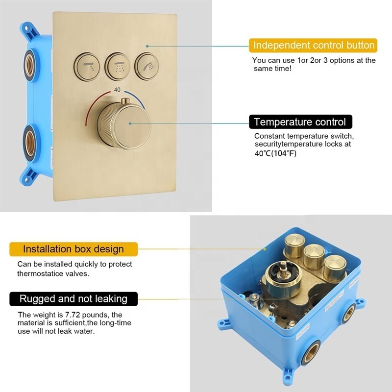 3 Way Thermostatic Brushed Gold Shower Diverter Valve Concealed Pressure Balancing Valve Shower Mixing Replacement Brass Valve