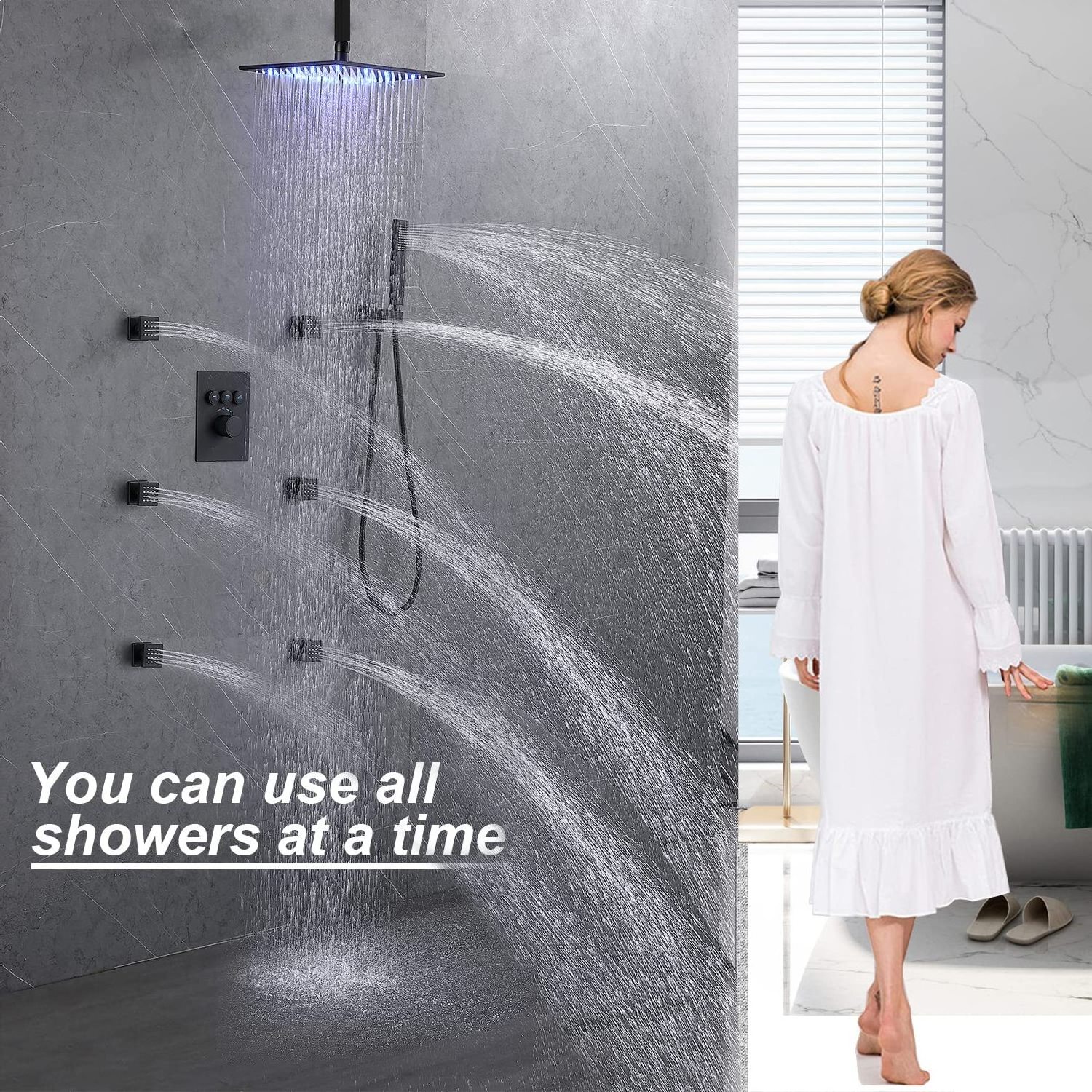 12 Inches Bathroom Luxury Rain Mixer Shower Combo Set Wall Mounted Rainfall Shower Head System Matte Black Finish Shower Faucet