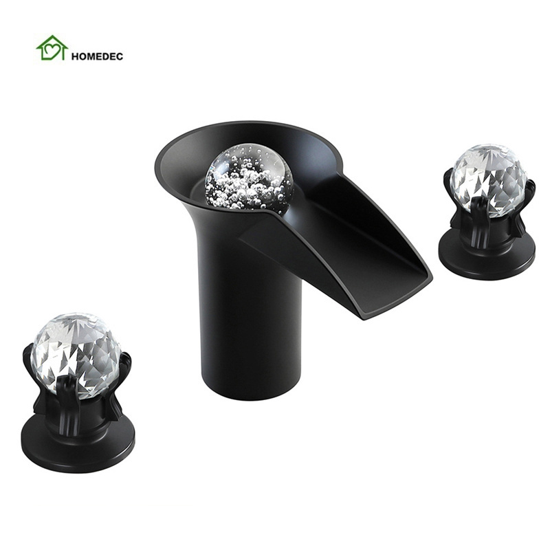 Widespread 8 Inch black waterfall 3 hole double handle crystal Knobs Ball led bathroom sink faucet 2 handle basin mixer tap