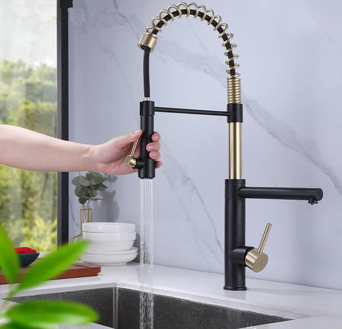 Factory Price High Rinse Black Brushed Gold Spring Kitchen Faucets With Pull Down Sprayer Head