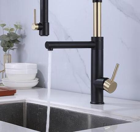 Factory Price High Rinse Black Brushed Gold Spring Kitchen Faucets With Pull Down Sprayer Head