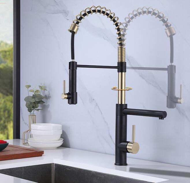 Factory Price High Rinse Black Brushed Gold Spring Kitchen Faucets With Pull Down Sprayer Head