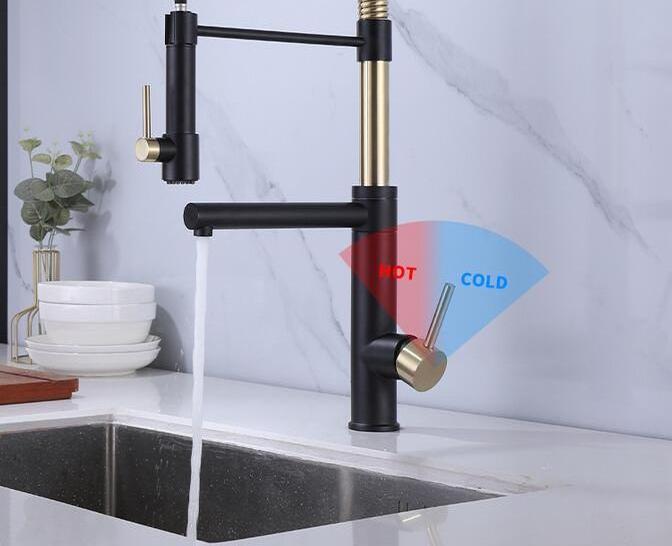 Factory Price High Rinse Black Brushed Gold Spring Kitchen Faucets With Pull Down Sprayer Head