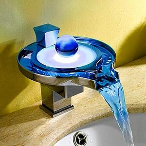 Modern Waterfall Bathroom Single Handle Faucet Temperature 3 Colors Change LED Waterfall Sink Faucet