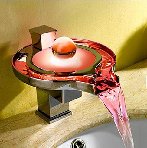 Modern Waterfall Bathroom Single Handle Faucet Temperature 3 Colors Change LED Waterfall Sink Faucet