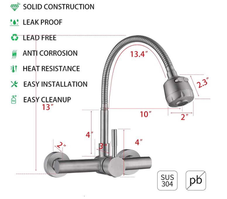 Wall Mount Pull Down SUS304 Kitchen Sink Taps with Sprayer 7.6-8.4 Inch Brushed Nickel Kitchen Faucet with Flexible Sprayer