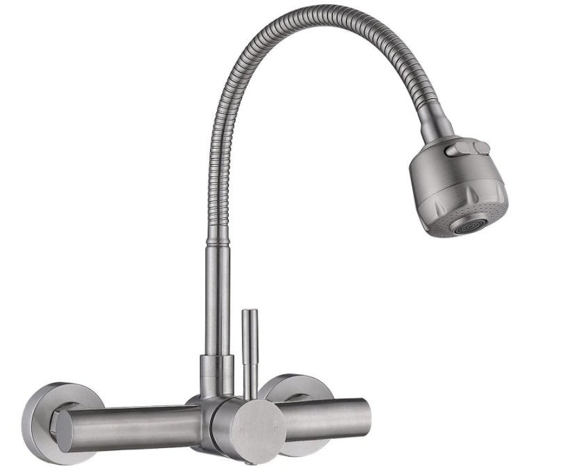 Wall Mount Pull Down SUS304 Kitchen Sink Taps with Sprayer 7.6-8.4 Inch Brushed Nickel Kitchen Faucet with Flexible Sprayer