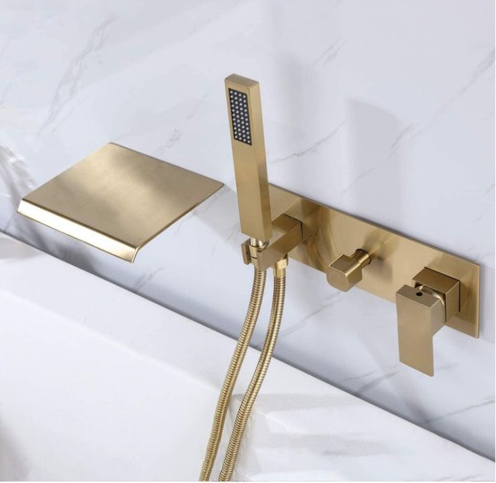 Brushed Gold Luxury basin mixer tap single handle hand shower head waterfall wall mounted   bathtub faucets for bathroom