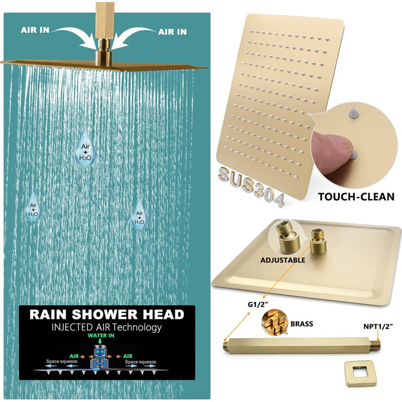 Modern luxury 16 Inch Ceiling Rainfall Brushed Gold Thermostatic Brass Rain Shower System Faucet Complete Sets with Body Jets