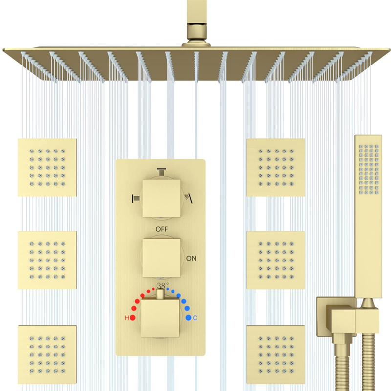 Modern luxury 16 Inch Ceiling Rainfall Brushed Gold Thermostatic Brass Rain Shower System Faucet Complete Sets with Body Jets