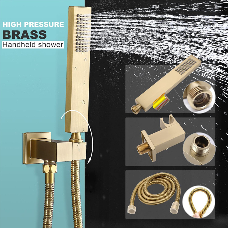 Modern luxury 16 Inch Ceiling Rainfall Brushed Gold Thermostatic Brass Rain Shower System Faucet Complete Sets with Body Jets