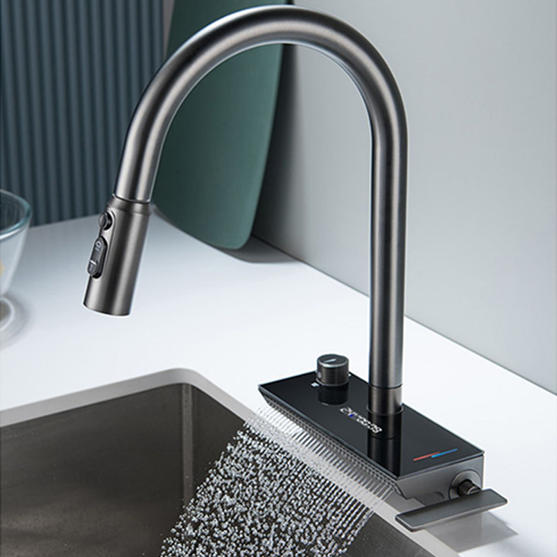 Commercial Kitchen Faucet with Dual Function Spray head in Finish,Smart display pull out kitchen faucet