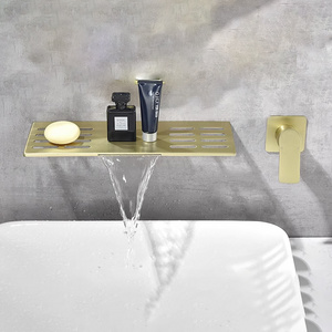 Brushed Gold Waterfall Wall Mount Bathroom Sink Faucet Single handle Solid Brass Wide Spout Bathroom Tub Faucet