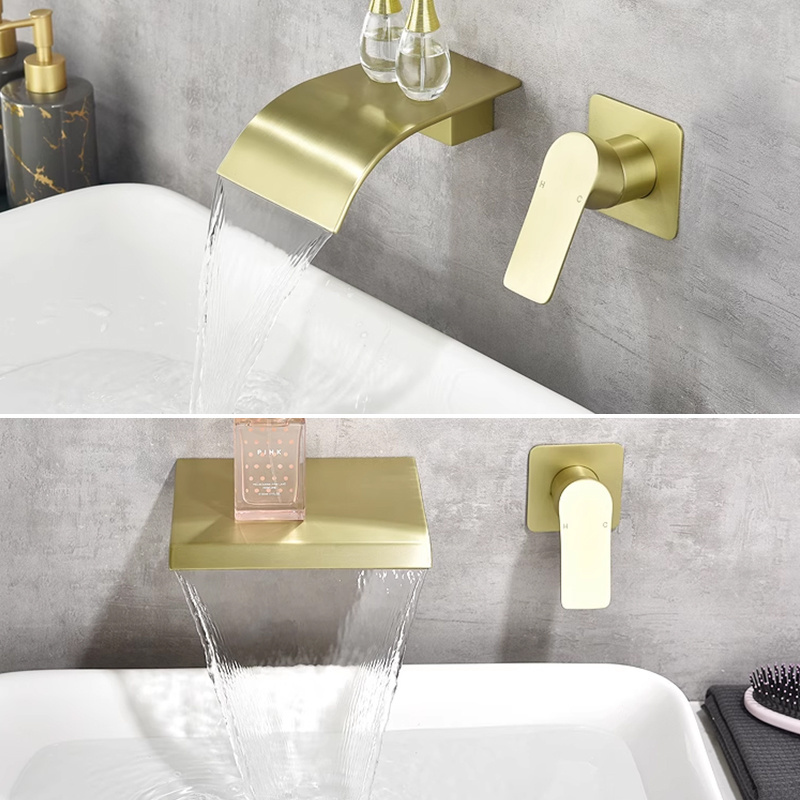 Brushed Gold Waterfall Wall Mount Bathroom Sink Faucet Single handle Solid Brass Wide Spout Bathroom Tub Faucet