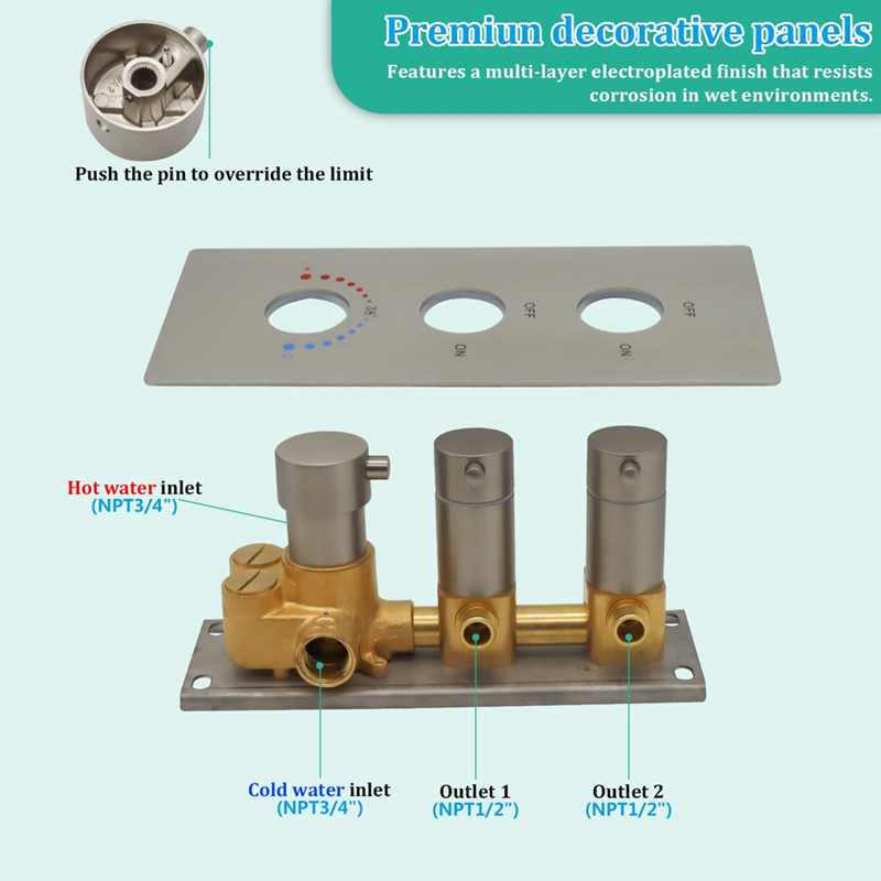 2 Way Brushed Nickel Shower Diverter Valve Brass 2 Functions Thermostatic Shower Mixing Valve Kit 3 Handle Flow Control Valve