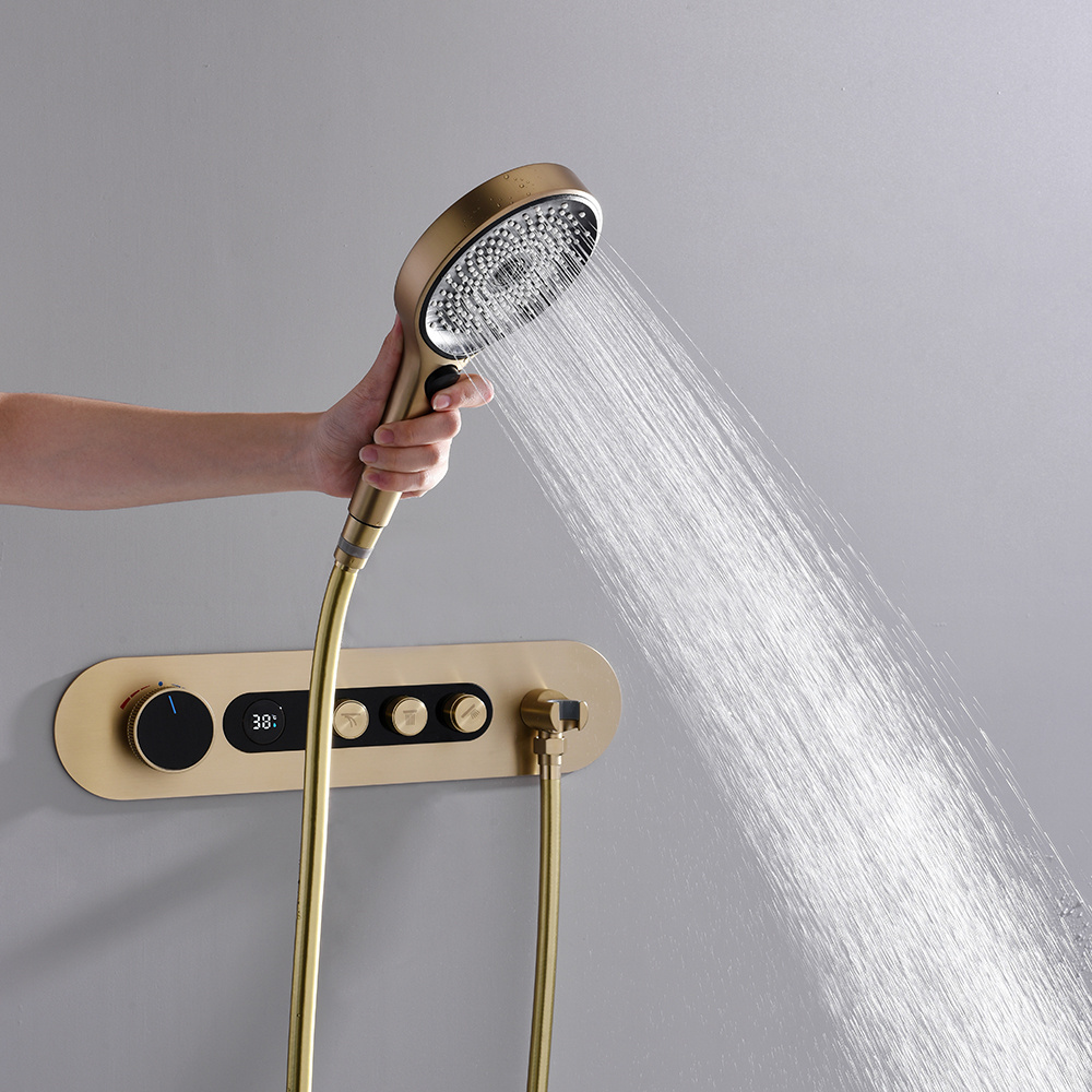 2023 Modern Brushed Gold 3 Ways Brass thermostatic digital Rainfall Waterfall Shower Bathroom Complete Bath Shower Faucet Set