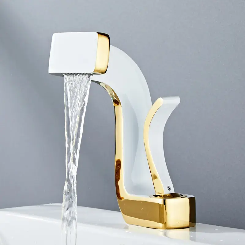 New Design Full Brass Creative Art White Gold Waterfall Faucets Bathroom Basin Faucet Hot and Cold Bathroom Sink Mixer Tap