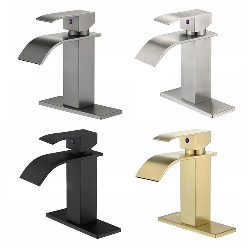 Stainless Steel Waterfall Bathroom Basin Faucet Cold Hot Mixer Crane Sink Tap Square Bathroom Faucet with cover Plate