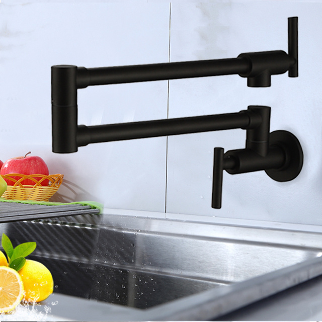 Pot Filler Folding Stretchable Pot Filler Double Joint Swing Arm Wall Mount Kitchen Faucet black