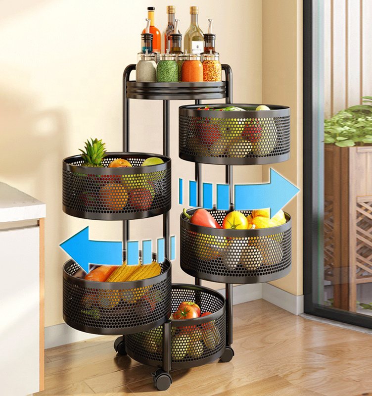 Sturdy Kitchen 3/4/5 Tier Stackable Metal Wire Storage Organizer Fruit Vegetable Rotating Baskets with Rolling Wheels