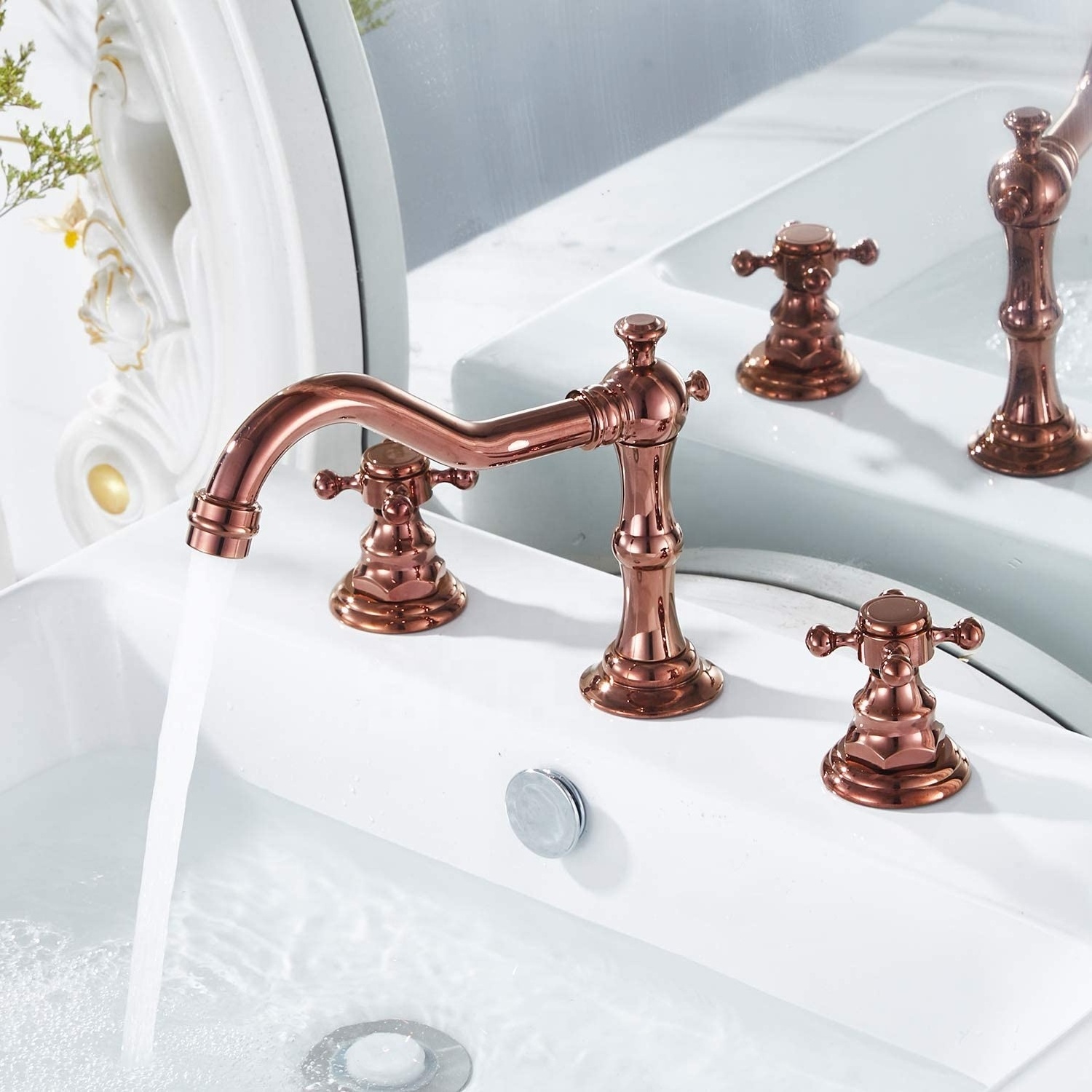 Antique Rose Gold Widespread 3 Holes Dual Cross Handles Bathroom Basin Faucet with Pop-up Drain